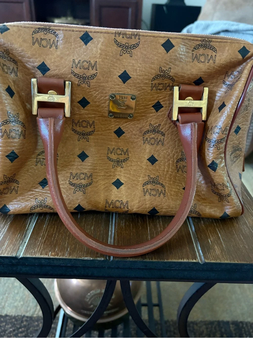 MCM Cognac Monogram Satchel with Brown Leather Handles